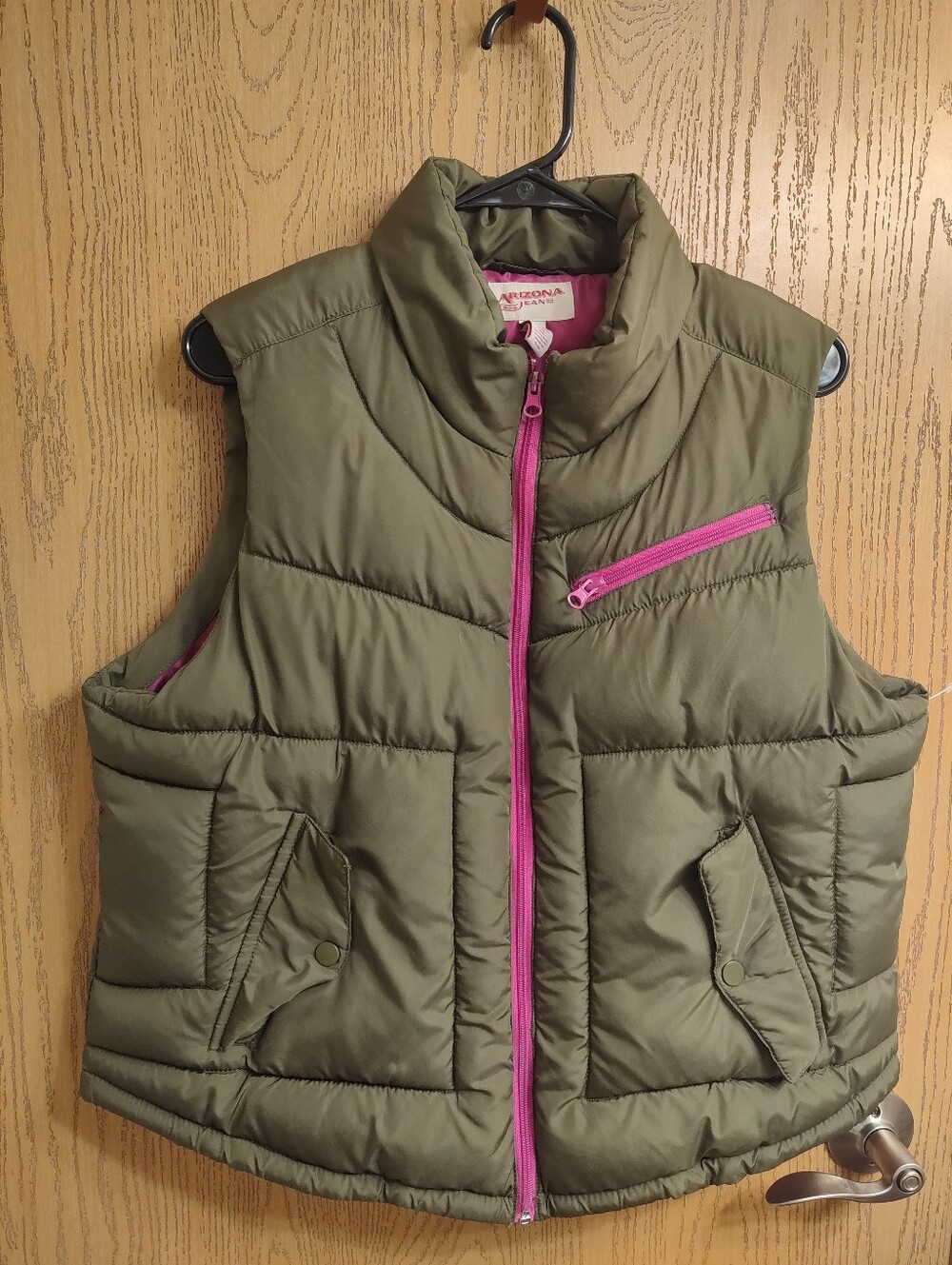 Arizona Jean Company Olive Green Vest with Bright Pink Lining